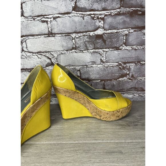 Bottero Yellow Patent Leather Peep Toe Platform Cork Wedge Sandals Women Sz 37EU - Picture 10 of 16